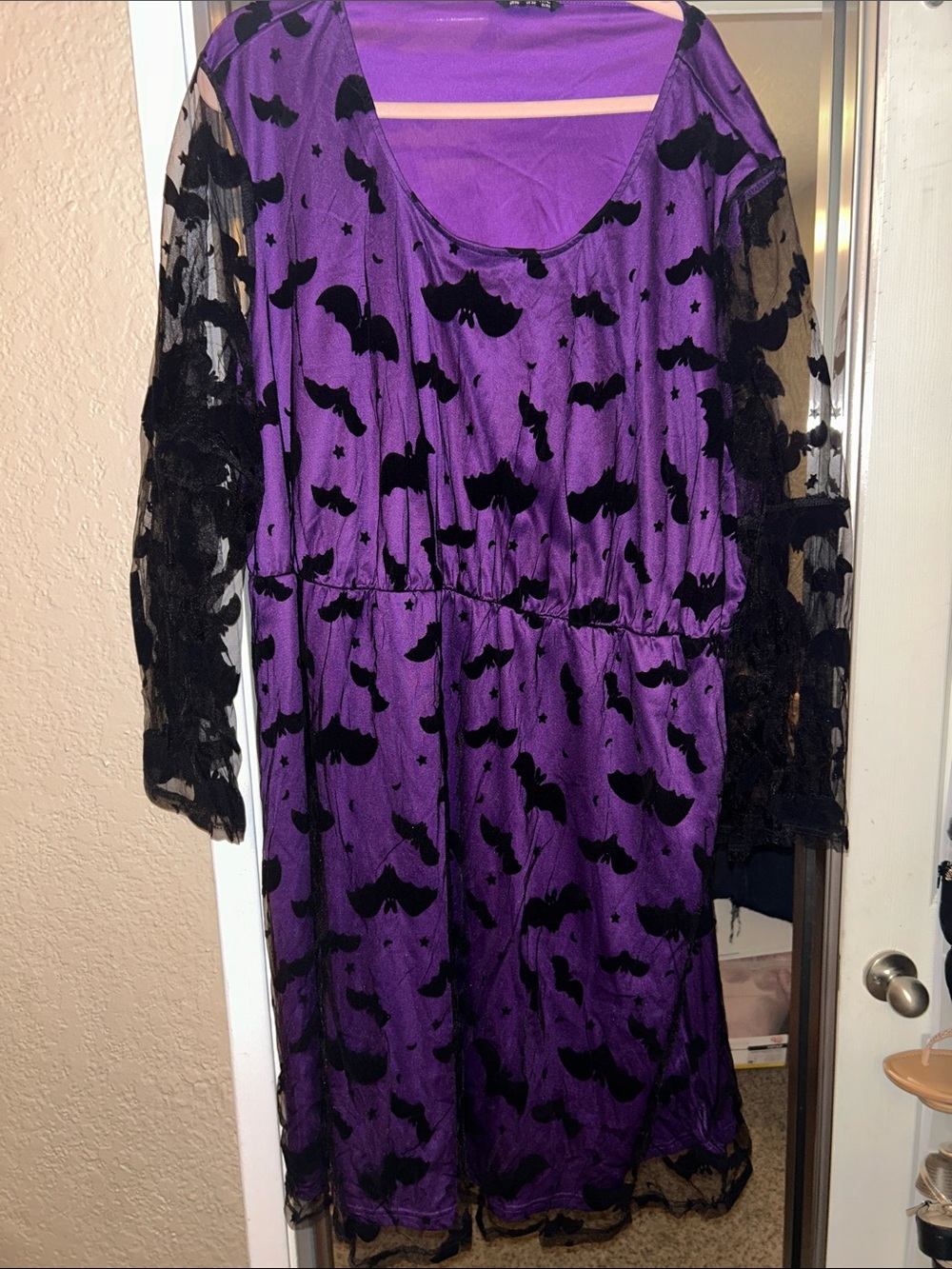 BloomChic Purple Dress with Black Bat Print and Sheer Sleeves